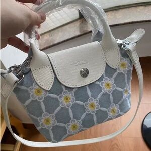 Longchamp Light Blue Floral Embroidered Mini Shoulder Bag with White Trim